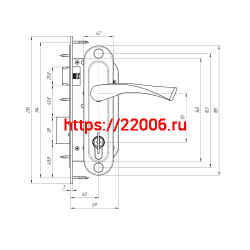 Замок Absolyute (Абсолют) врезной цилиндровый с защёлкой в комплекте с ручкой ЗВ4-70/07 (медь антик), 4 кл. фото 2