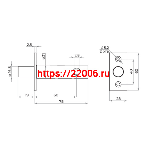 Задвижка Ajax (Аякс) врезная METDF-860 CP хром 60мм фото 2