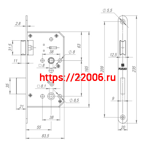 Замок Fuaro (Фуаро) врезной DD.INOX/WC-55.78 (лиц.планка 20 мм) фото 3