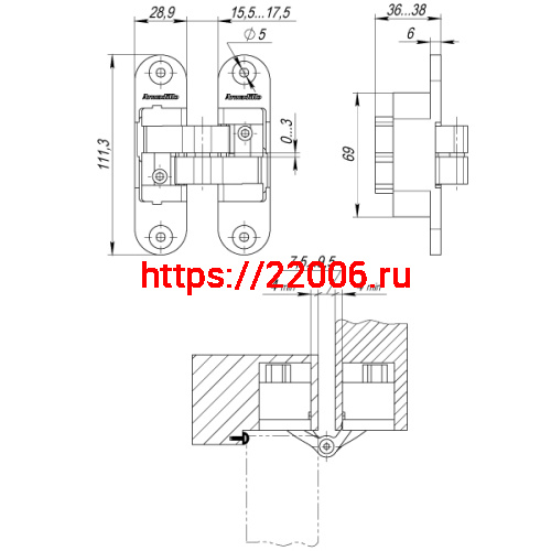 Петля Armadillo (Армадилло) скрытой установки U3D6200L BL левая (Architect 3D-ACH 60) черный 60 кг фото 3