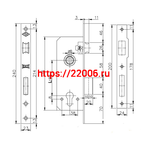 Корпус Kale kilit (Кале килит) врезного замка с защёлкой 152/R (35 mm) w/b (латунь) фото 3