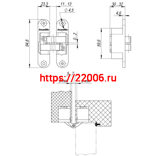 Петля Armadillo (Армадилло) скрытой установки U3D4200R SC правая (Architect 3D-ACH 40) мат. хром 40 кг фото 4