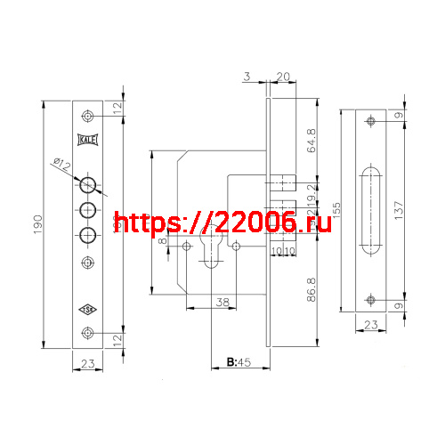 Корпус Kale kilit (Кале килит) врезного замка 189/3M (45 mm) w/b (латунь) фото 3