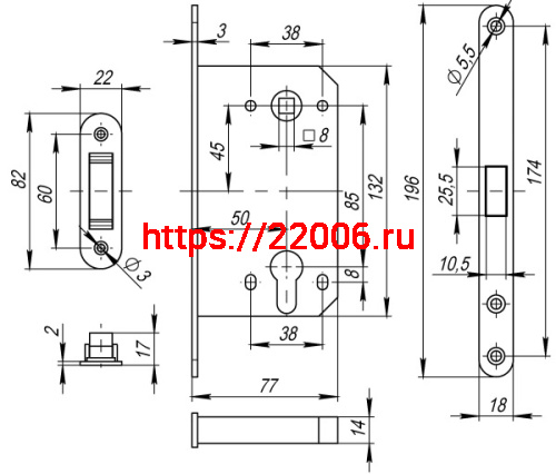 Замок межкомнатный Fuaro (Фуаро) под цилиндр MAGNET M85C-50 GP (латунь) фото 3