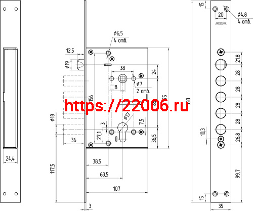 Корпус Mettem (Меттэм) врезного замка с защёлкой ЗВ7 318.П-Б (функция блокировки защёлки) фото 2