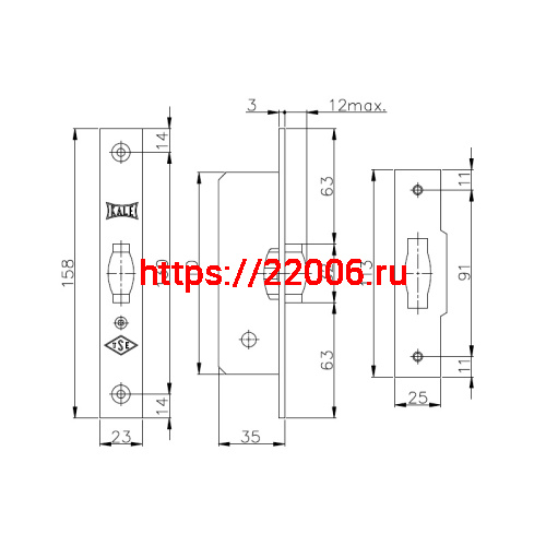 Защелка Kale kilit (Кале килит) врезная ролик 155/B (35 mm) (латунь) фото 3