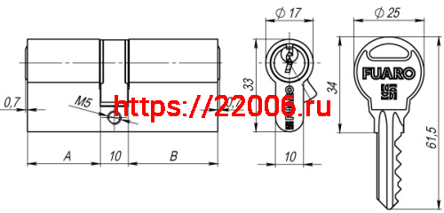 Цилиндровый Fuaro (Фуаро) механизм R300/70 mm (30+10+30) CP хром 5 кл. фото 2