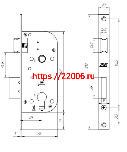 Замок Zenit (Зенит) врезной цилиндровый с защёлкой в комплекте с ручкой ЗВ7-70.4 (хром), 5 кл. фото 3