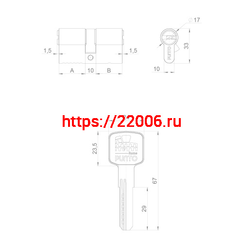 Цилиндровый Punto (Пунто) механизм Z3000Key100(45+10+45) СP хром фото 3