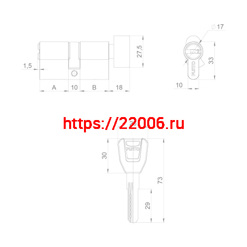 Цилиндровый Punto (Пунто) механизм (A202/80) A2002Knob80(30+10+40) с вертушкой SN никель фото 3