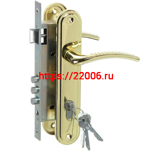 Замок Omega (Омега) врезной цилиндровый с защёлкой в комплекте с ручкой ЗВ4-85.27 (золото-лак), 4 кл.