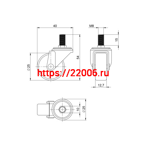Опора Ajax (Аякс) колесная WL/P-25R/20 kg резина, с винтом М8 фото 2