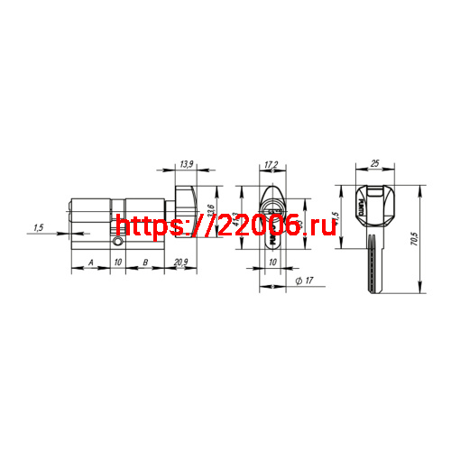 Цилиндровый Punto (Пунто) механизм MaxPro7002Knob70mm(30+10+30) CP хром 7key с вертушкой фото 3