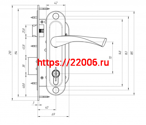 Замок Zenit (Зенит) врезной цилиндровый с защёлкой в комплекте с ручкой ЗВ7-70.4 (хром), 5 кл. фото 2