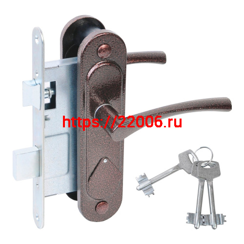 Замок Absolyute (Абсолют) врезной сувальдный с защёлкой в комплекте с ручкой ЗВ9.2-07 (медь антик), 3 кл.