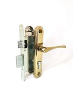 Замок Omega (Омега) врезной цилиндровый с защёлкой в комплекте с ручкой ЗВ7 (золото лак), 4 кл.