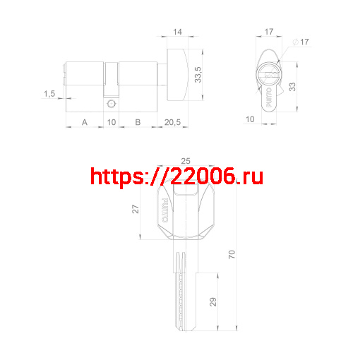 Цилиндровый Punto (Пунто) механизм (Z402/60) Z4002Knob60(25+10+25) с вертушкой PB латунь фото 4