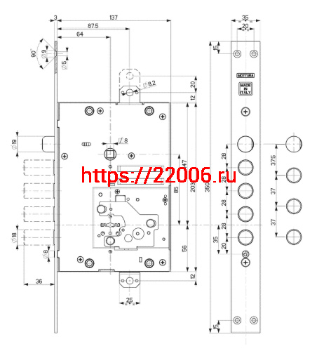 Замок Mottura (Моттура) врезной сувальдный с защёлкой 52.J535M-D MyKey (правый), ключ 60 мм, без накл. фото 3