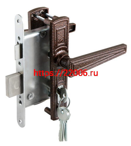 Замок Zenit (Зенит) врезной цилиндровый с защёлкой в комплекте с ручкой ЗВ4-3.01 (медь), 4 кл.