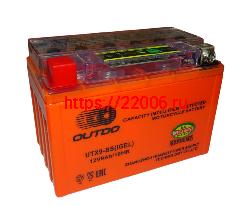 Аккумулятор 12В  9 А/ч  UTX9-BS iGEL, OUTDO (150х86х108) прямая пол.