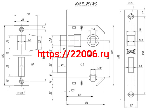 Защелка Kale kilit (Кале килит) врезная 251 WC (44 mm) (латунь), прав. фото 3