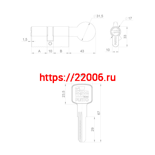 Цилиндровый Punto (Пунто) механизм Z3002Knob60(25+10+25) с вертушкой CP хром фото 3