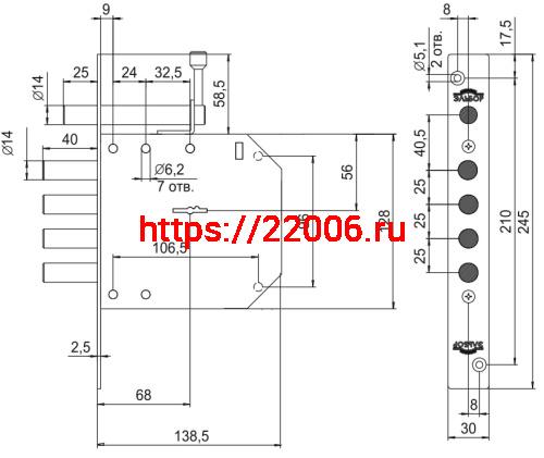 Замок Elbor (Эльбор) врезной сувальдный с задвижкой Базальт 1.05.02, 5 кл. /00396/ фото 2
