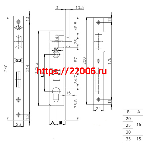 Корпус Kale kilit (Кале килит) узкопрофильного замка с защёлкой 153 (35 mm) w/b (никель) фото 3