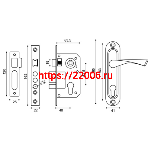 Замок Punto (Пунто) цилиндровый в комплекте с ручкой LOCKSET15.CRONA.4061-3 (KIT P15 4061/3 CRONA) AB бронза фото 3